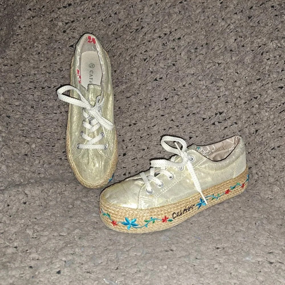 CAFE NOIR-Metallic Gold Fabric-Embroidered Espadrille Sneakers-Sz 37-Excellent